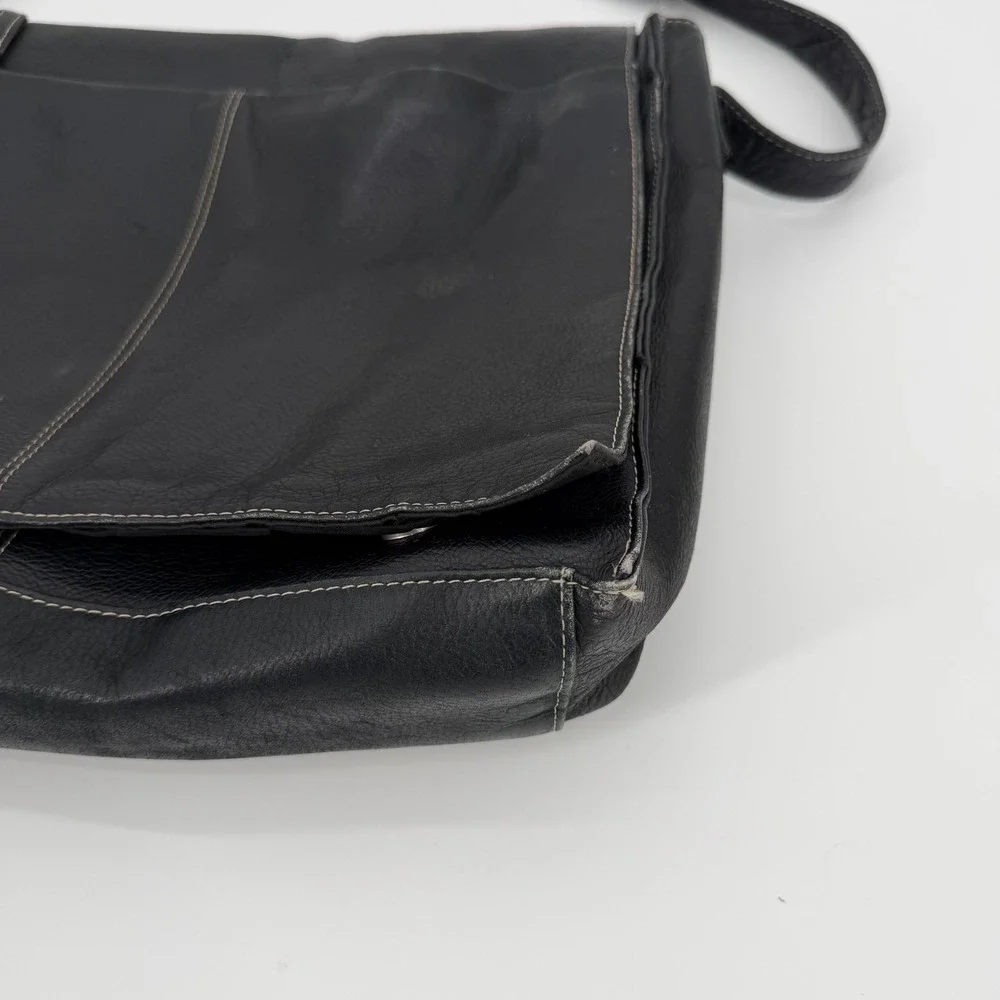 Black Genuine Leather Messenger Bag Crossbody White Stitching Organizer Pocket